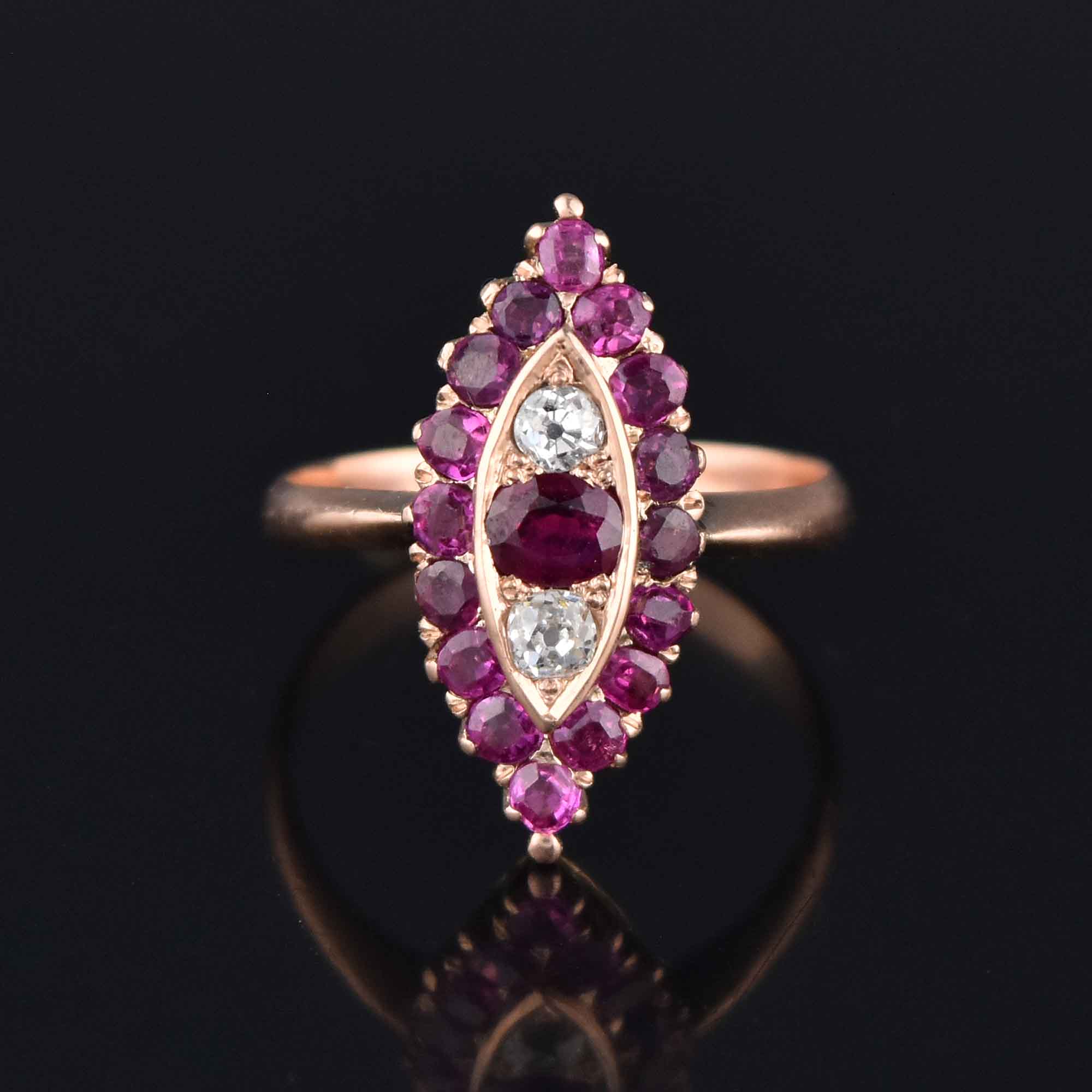 Antique Victorian 1.5 CTW Diamond Ruby Navette Ring 14K Gold