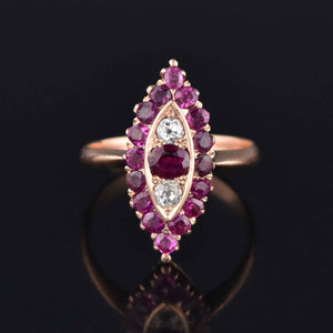 Antique Victorian 1.5 CTW Diamond Ruby Navette Ring 14K Gold - Boylerpf