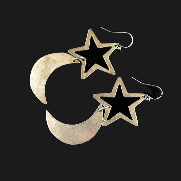 Vintage Hammered Silver Star Moon Earrings - Boylerpf