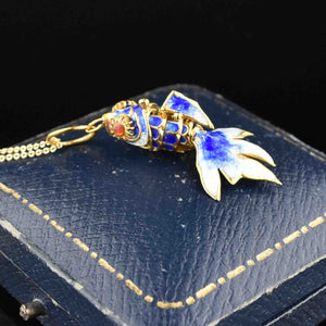 Vintage Gold Vermeil Blue Enamel Articulated Fish Pendant Necklace - Boylerpf