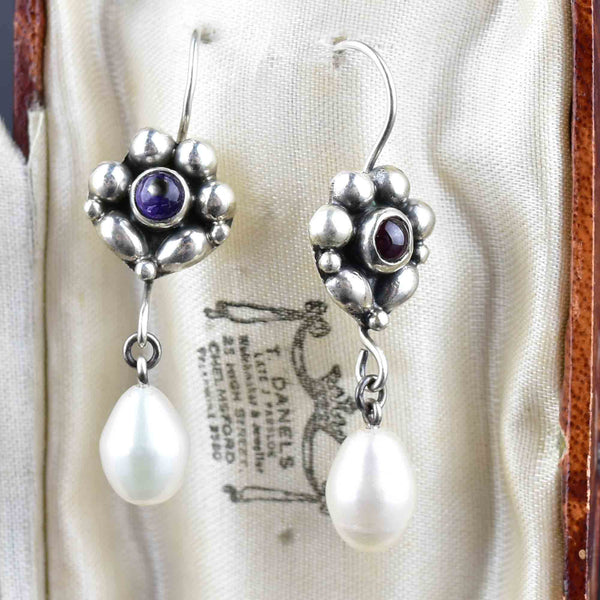 Vintage Silver Flower Amethyst Pearl Earrings - Boylerpf