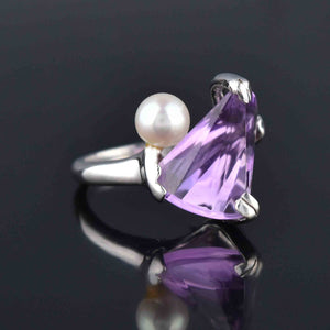 Unique 14K White Gold Pearl Fantasy Cut Amethyst Ring - Boylerpf