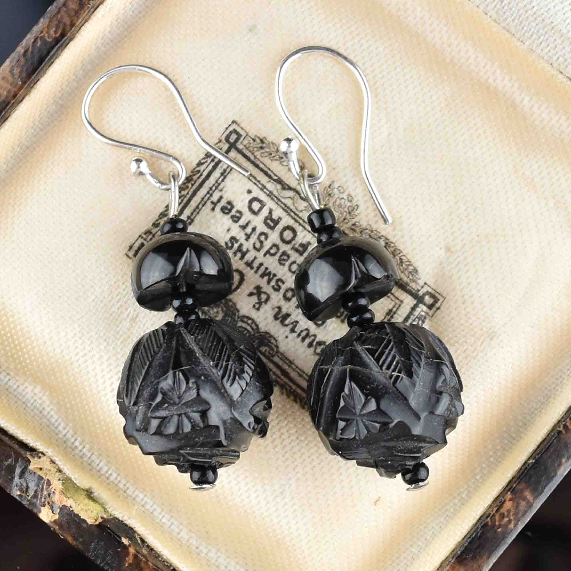 Victorian Era Carved Whitby Jet Earrings  Bell and Bird