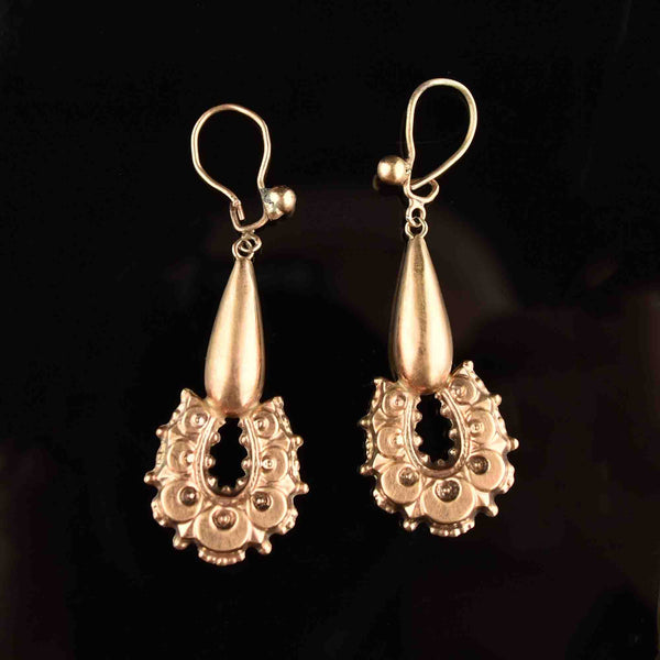 Antique Long Carved Horseshoe 9K Rose Gold Earrings - Boylerpf