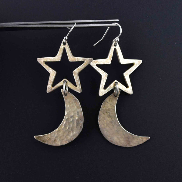 Vintage Hammered Silver Star Moon Earrings - Boylerpf