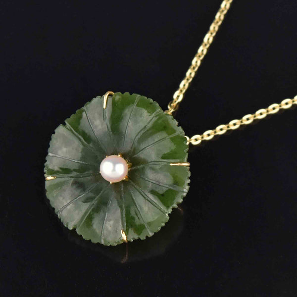 14K Gold Pearl & Carved Jade Flower Pendant Brooch - Boylerpf