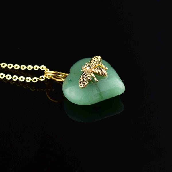 Vintage Bee Aventurine Heart Pendant Necklace - Boylerpf