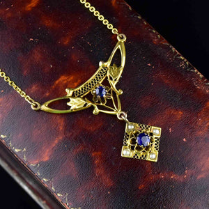 Vintage 10K Gold Blue Sapphire Lavaliere Pendant Necklace - Boylerpf