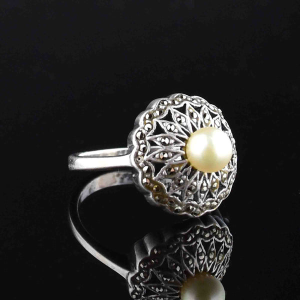 Sterling Silver Pearl Marcasite Engagement Ring, Sz 6.25 - Boylerpf