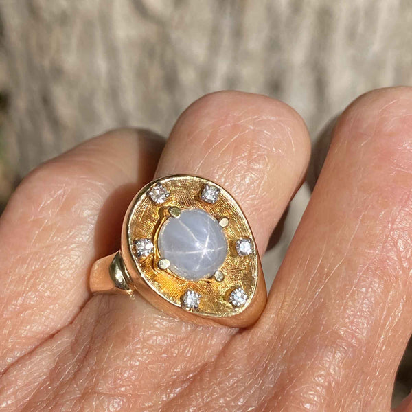 Unique Diamond Star Sapphire Ring, Heavy 14K Gold - Boylerpf