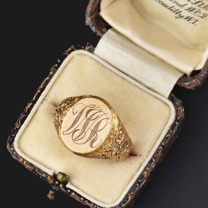 Mens Edwardian Gold Signet Ring, Forget Me Not Engraved - Boylerpf