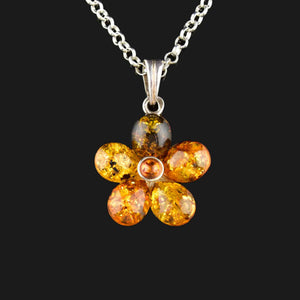 Vintage Silver Floral Amber Pendant Necklace - Boylerpf