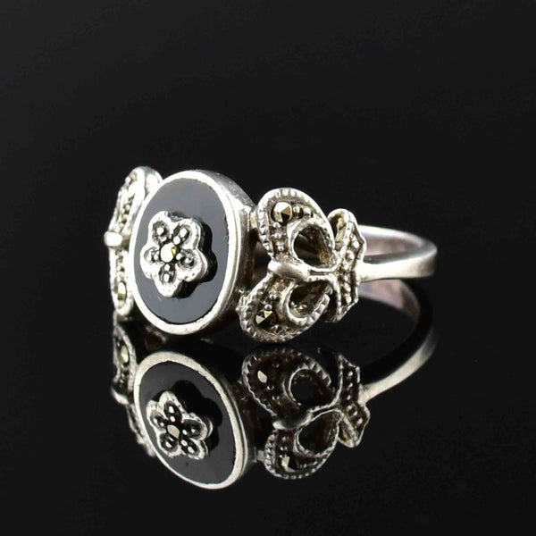 Vintage Arts and Crafts Style Silver Onyx Marcasite Ring - Boylerpf
