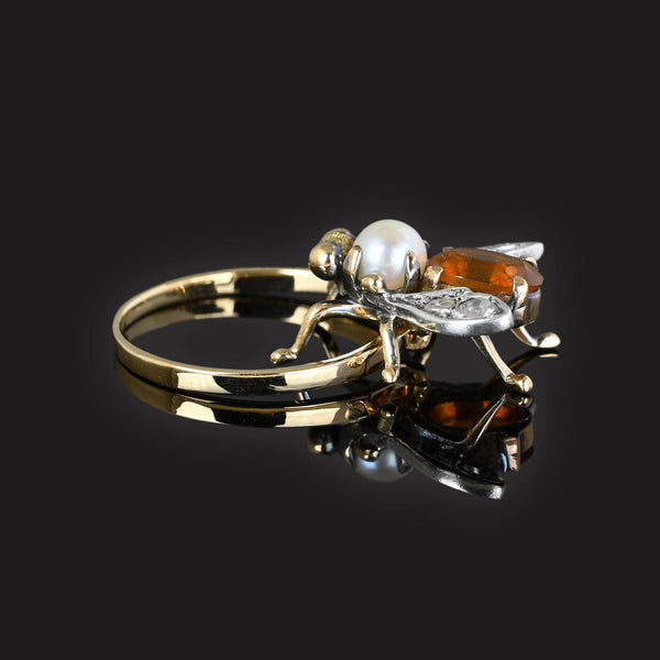 Antique Diamond Citrine Pearl 18K Gold Insect Ring - Boylerpf