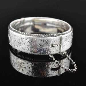 Vintage Floral Engraved Silver Bangle Bracelet - Boylerpf