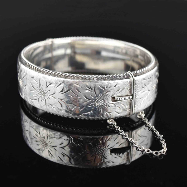 Vintage Floral Engraved Silver Bangle Bracelet - Boylerpf