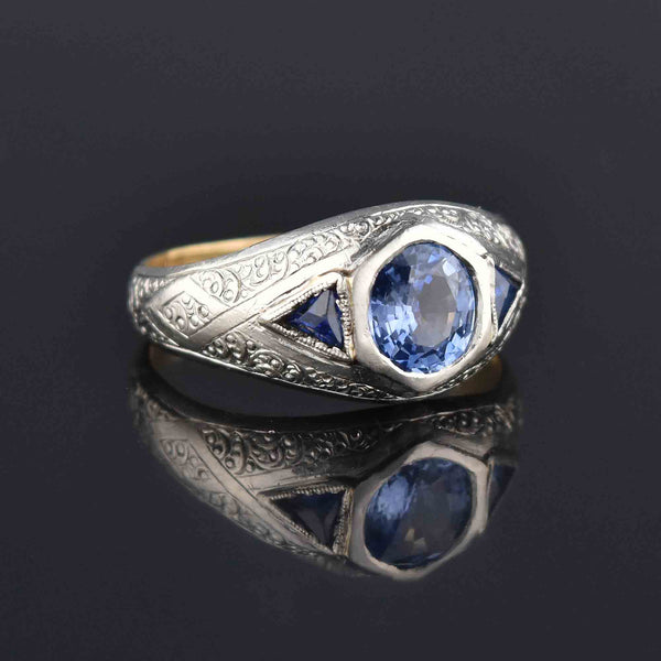 Antique Art Deco Platinum Sapphire Ring, Unisex Mens - Boylerpf