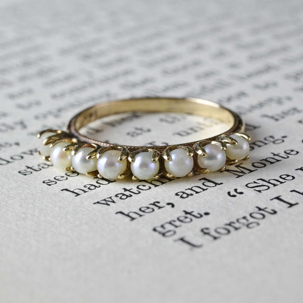 Antique 14K Gold Pearl Half Hoop Ring w Floral Detail - Boylerpf