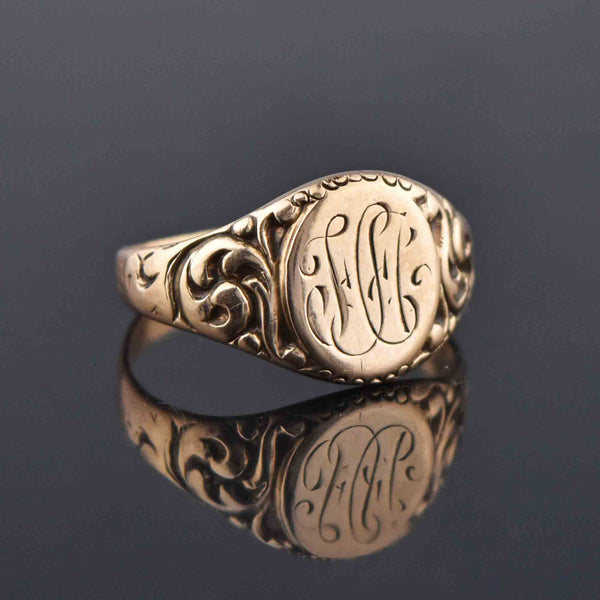 Art Nouveau Engraved Gold Signet Ring, Sz 9 - Boylerpf