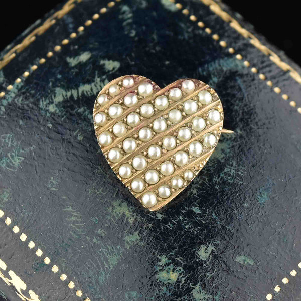 Vintage 10K Gold Seed Pearl Heart Brooch - Boylerpf
