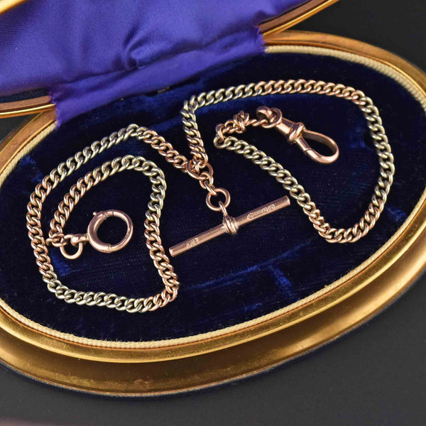 9K Rose White Gold Double Albert Pocket Watch Chain, Art Deco - Boylerpf