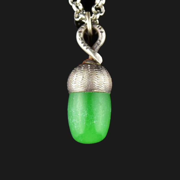 Vintage Carved Silver Jade Acorn Pendant Necklace - Boylerpf