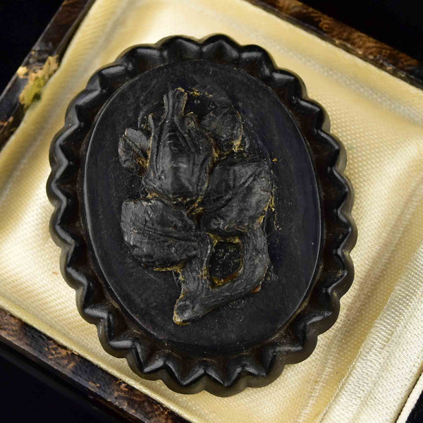Carved Whitby Jet Victorian Mourning Brooch - Boylerpf