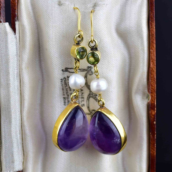 Gold Peridot Pearl Amethyst Suffragette Earrings - Boylerpf