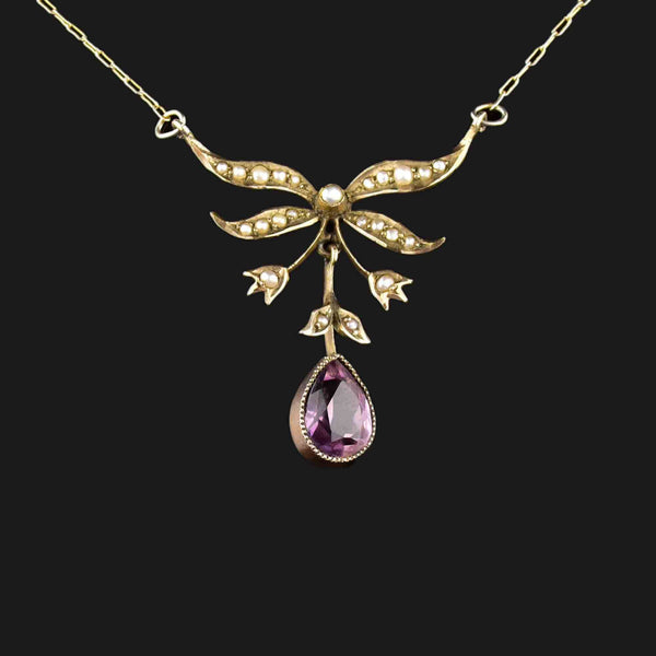 10K Gold Pearl Amethyst Lavaliere Necklace - Boylerpf