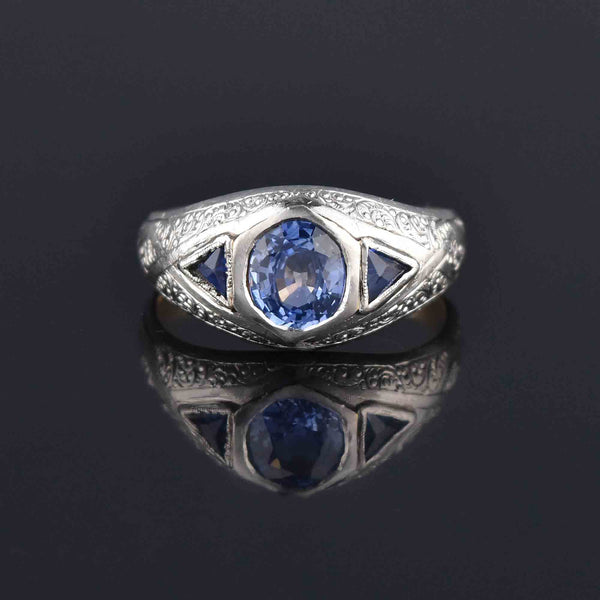 Antique Art Deco Platinum Sapphire Ring, Unisex Mens - Boylerpf