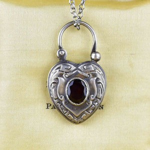 Engraved Silver Garnet Heart Padlock Pendant Necklace - Boylerpf