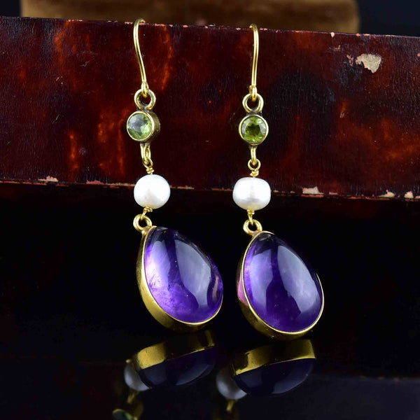 Gold Peridot Pearl Amethyst Suffragette Earrings - Boylerpf