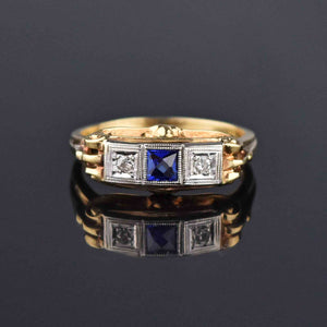 Art Deco 14K Gold Diamond Sapphire Ring - Boylerpf