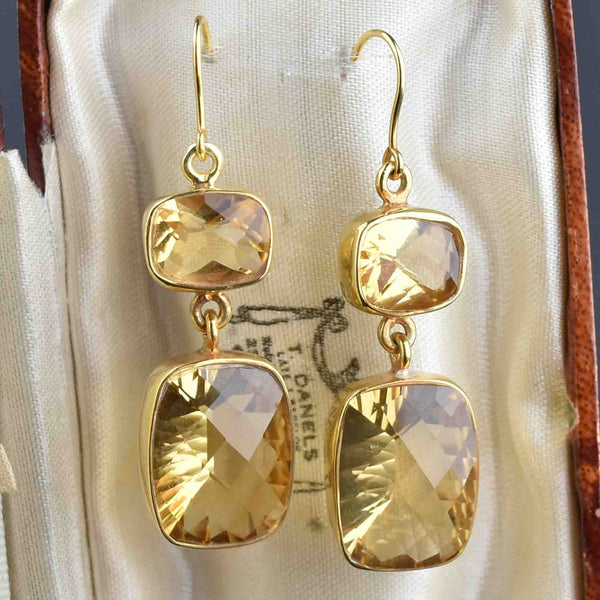 Vintage Art Deco Style Gold Citrine Drop Earrings - Boylerpf