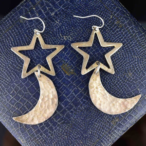 Vintage Hammered Silver Star Moon Earrings - Boylerpf