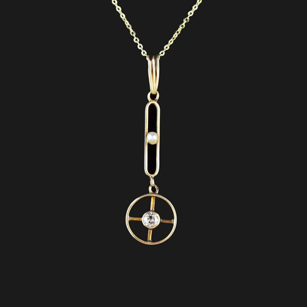 Antique Edwardian Pearl Diamond Lavalier Necklace in 14K Gold - Boylerpf