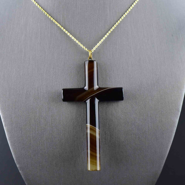 Antique Large Banded Agate Cross Pendant Necklace - Boylerpf