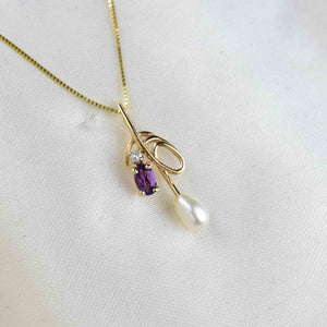 14K Gold Amethyst Diamond Pearl Pendant Necklace - Boylerpf