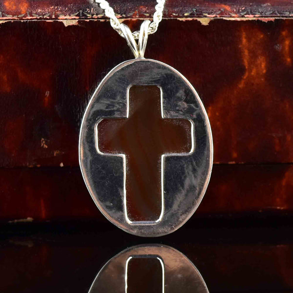 Silver Banded Agate Cross Pendant Necklace - Boylerpf