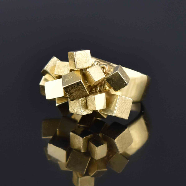 Vintage Heavy 14K Gold Dangle Charm Ring, Square Cubes - Boylerpf