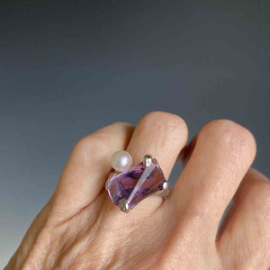 Unique 14K White Gold Pearl Fantasy Cut Amethyst Ring - Boylerpf