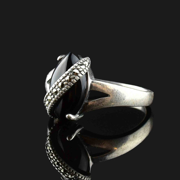 Vintage Marcasite Onyx Silver Statement Ring - Boylerpf