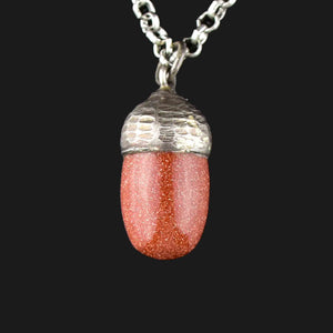 Vintage Carved Silver Goldstone Acorn Charm Necklace - Boylerpf