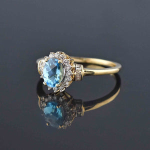 Vintage Gold Blue Topaz Baguette Diamond Halo Ring - Boylerpf