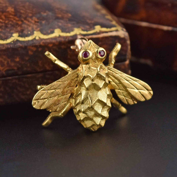Fine 18K Gold Bumble Bee Brooch w Ruby Eyes - Boylerpf