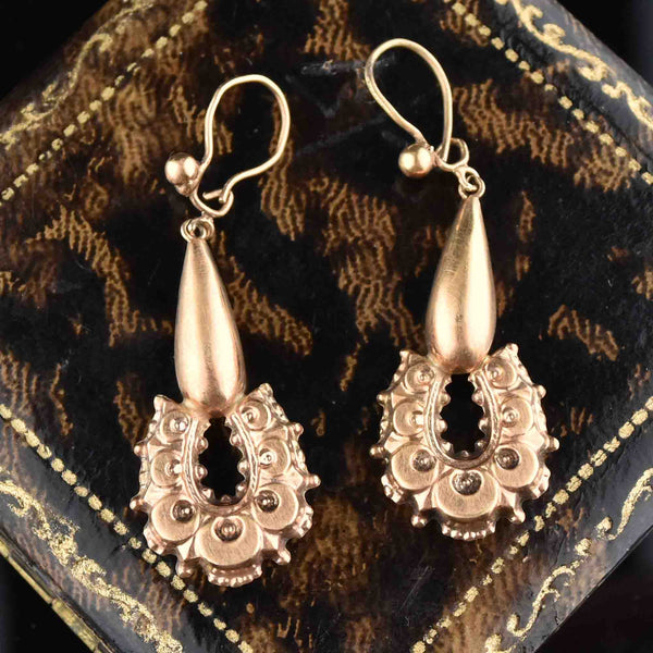 Antique Long Carved Horseshoe 9K Rose Gold Earrings - Boylerpf