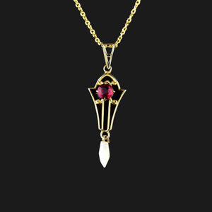 Antique 10K Gold Ruby Pearl Lavalier Necklace - Boylerpf