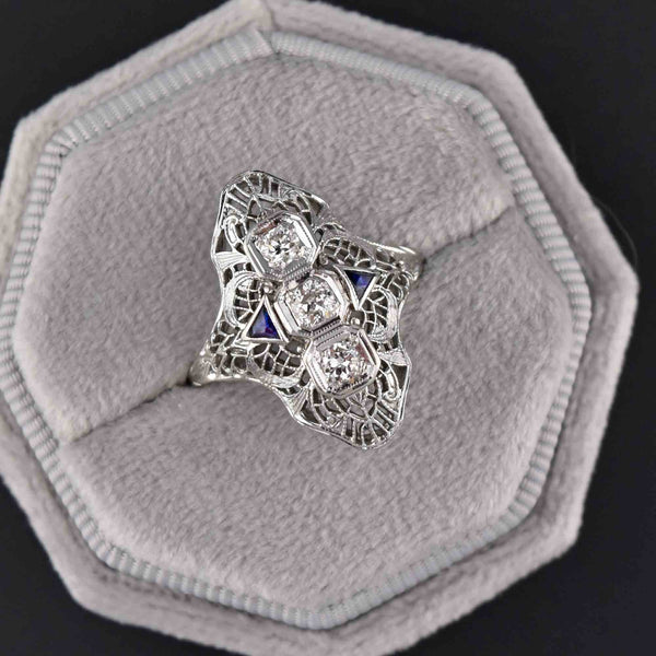 Art Deco 14K White Gold Sapphire Diamond Shield Ring - Boylerpf