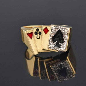 Mens Gold Enamel Diamond Poker Signet Ring, Sz 10 - Boylerpf