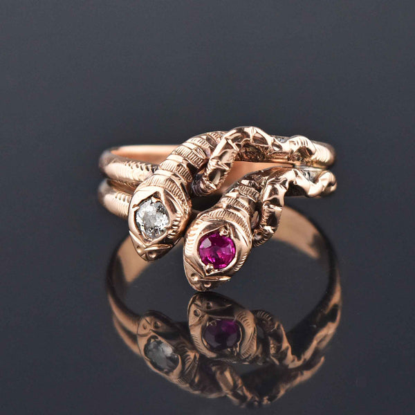 Victorian Rose Gold European Cut Diamond Ruby Snake Ring - Boylerpf